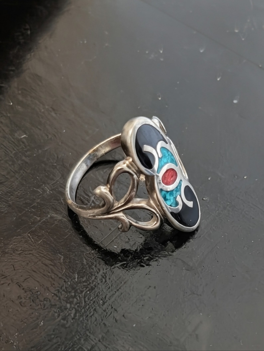 Vintage Sterling Silver Turquoise Coral Onyx Filigree Ring